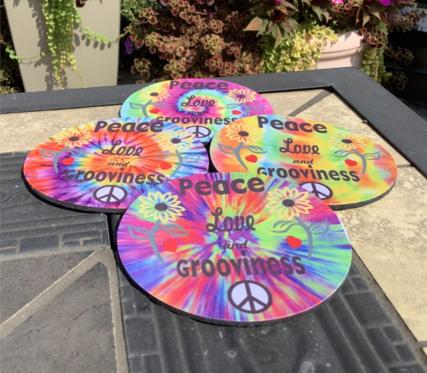 Sixties Peace Love & Grooviness Coasters – Set of 4 Retro Tie-Dye Drink Coasters