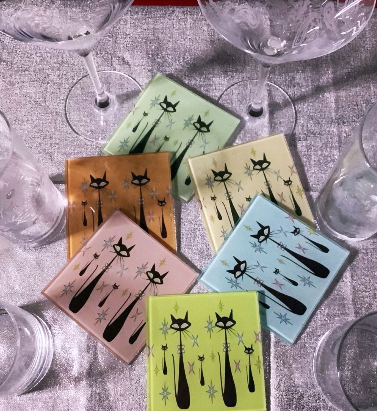 Atomic Cats Square Glass Coasters - Set of 6 Sixites style decor - Retro housewarming gift - MCM bar design