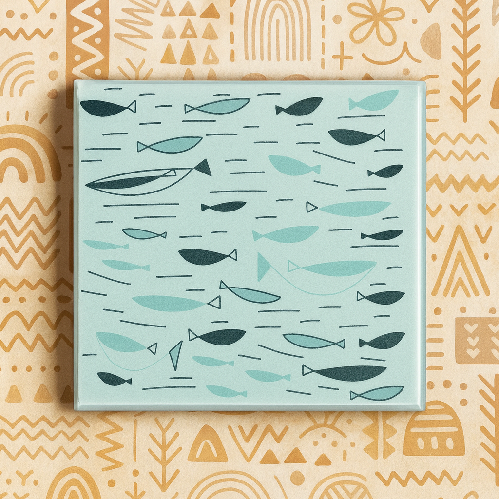 Retro Atomic Fish Glass Coasters – Mid Century Modern Vintage Barware Set of 4 | MCM Home & Office Gift