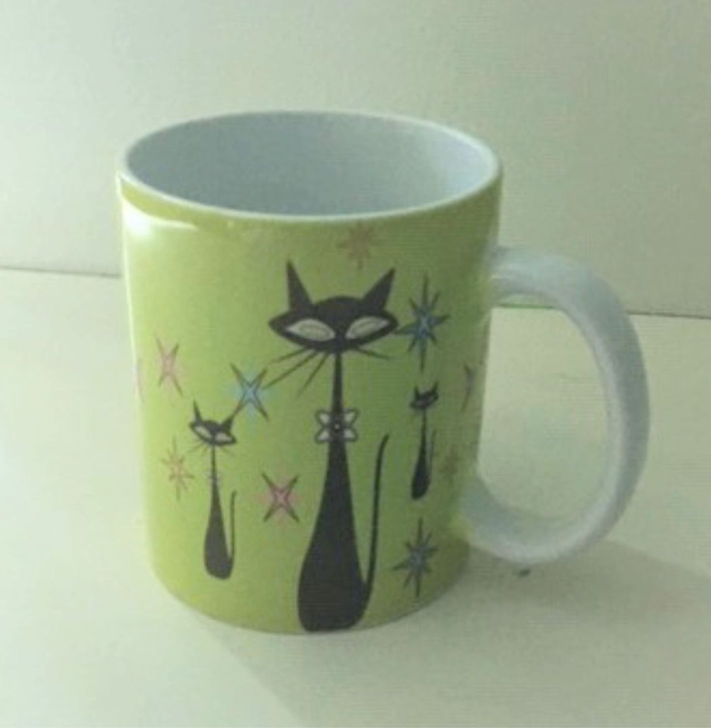 Retro Atomic Cat lover Gift Mid Century Coffee Mug Unique Green Coffee Cup Ceramic Starburst Cat Mug Vintage Housewarming Gift 11 ounces