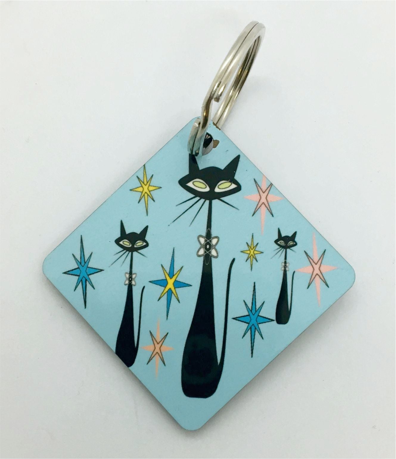 Atomic Cat Keychain Mid Century Modern cute Turquoise Key Chain Retro Cat Lover Gift Vintage styled Throw back blue keychain