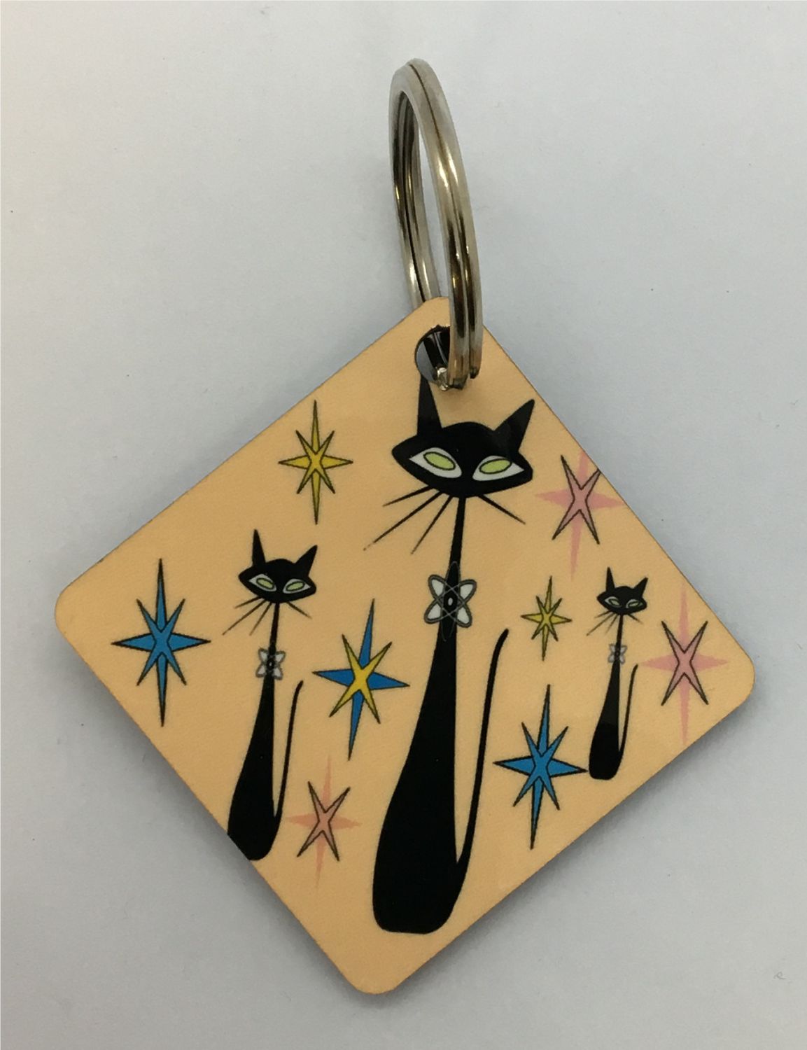 Atomic Cat Keychain Mid Century Modern cute Beige Key Chain Retro Cat Lover Gift Vintage styled Throw back Sand keychain