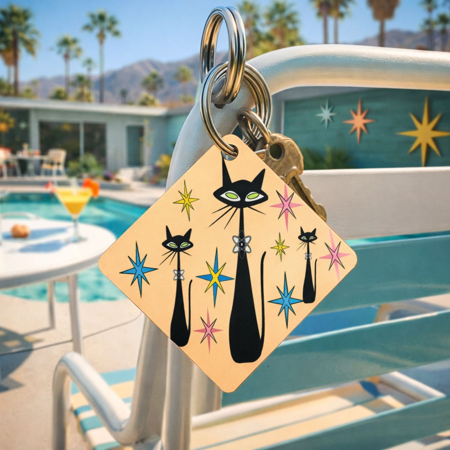 Atomic Cat Keychain Mid Century Modern cute Beige Key Chain Retro Cat Lover Gift Vintage styled Throw back Sand keychain