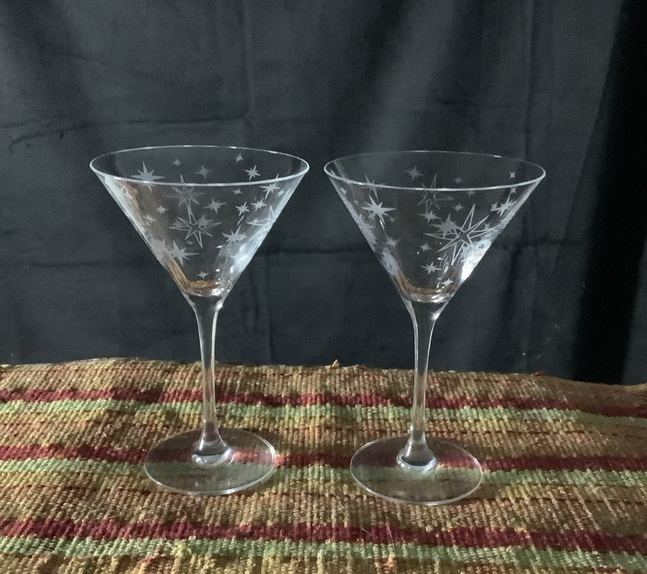 Mid Century Martini Etched Glassware Original Starburst Retro Glassware Etched Retro Glassware Gift Vintage Set of 2 Cocktail Glass Atomic Era Engraved Glass