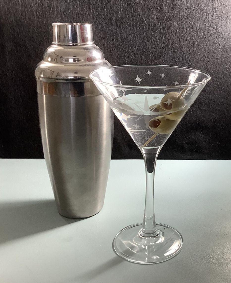 Mid Century Martini Etched Glassware Original Starburst Retro Glassware Etched Retro Glassware Gift Vintage Set of 2 Cocktail Glass Atomic Era Engraved Glass