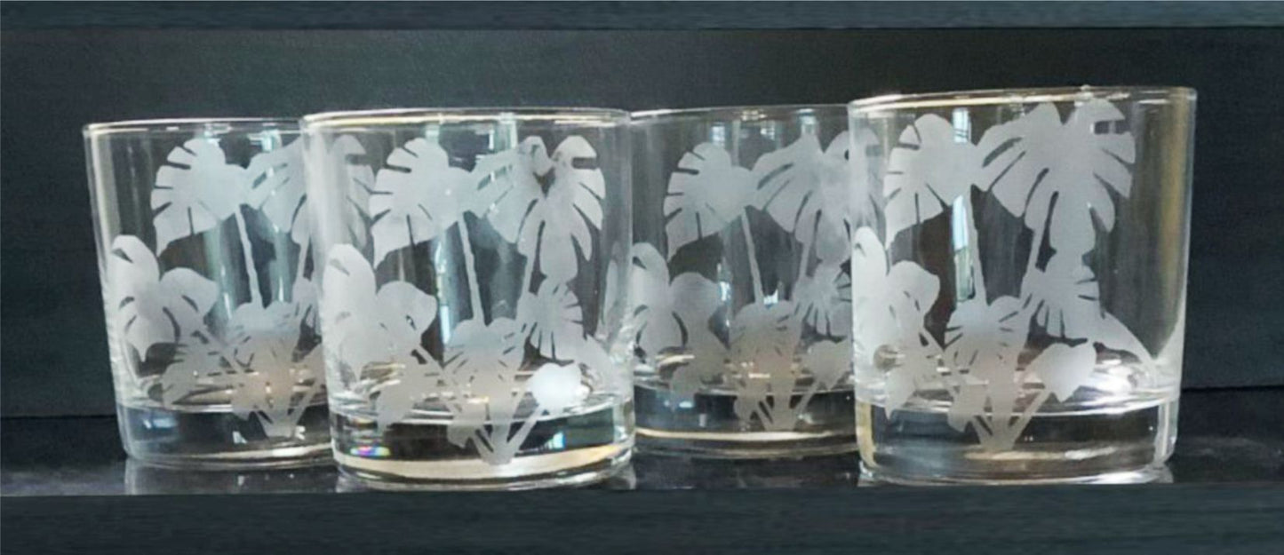 Retro Monstera Etched Rocks Glassware Gift Tropical Whiskey Barware for home or office bar Plant image Etched Mid Century Whiskey Lover Gift