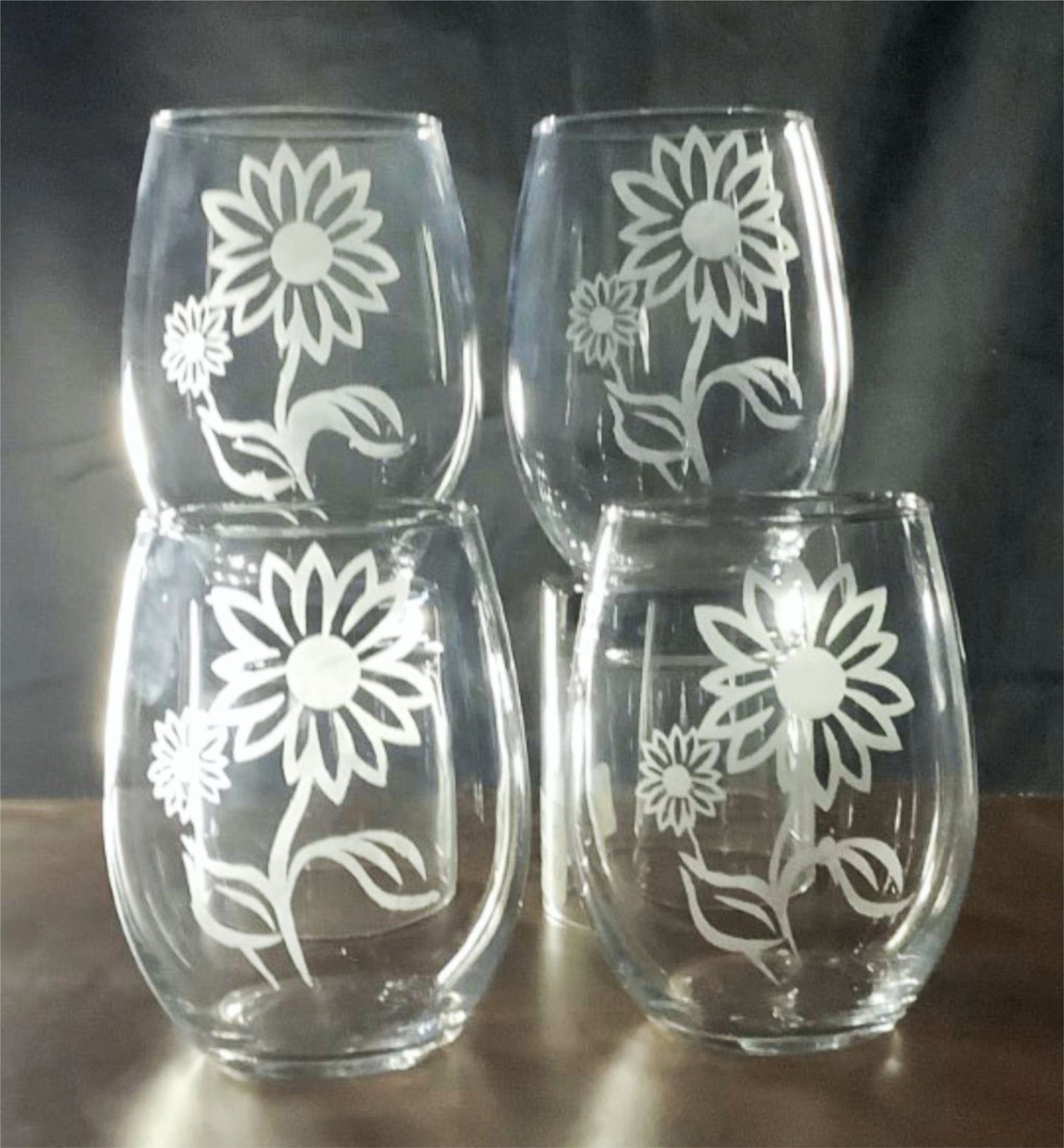 Sunflower Stemless Wine Glasses Cheery Etched Wine Lover Gift Sixties Lover Gift Sunflower Barware 20 ounce Glasses Flower Gift Set of 4