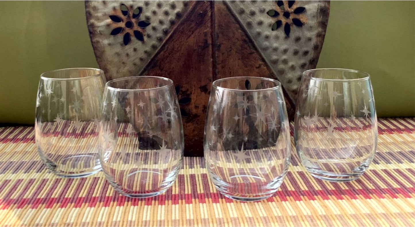 Mid Century Starburst Etched Stemless Wine Glasses Wine Lover Gift Set of 4 Retro Glassware Atomic Era Wine Glass Tumbler