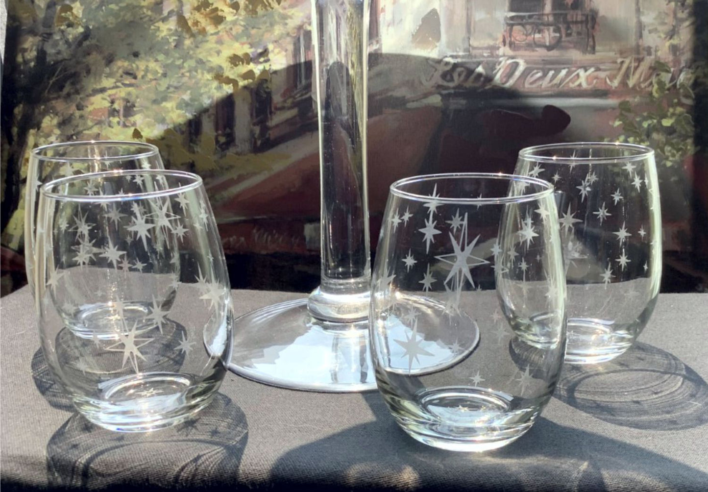 Mid Century Starburst Etched Stemless Wine Glasses Wine Lover Gift Set of 4 Retro Glassware Atomic Era Wine Glass Tumbler