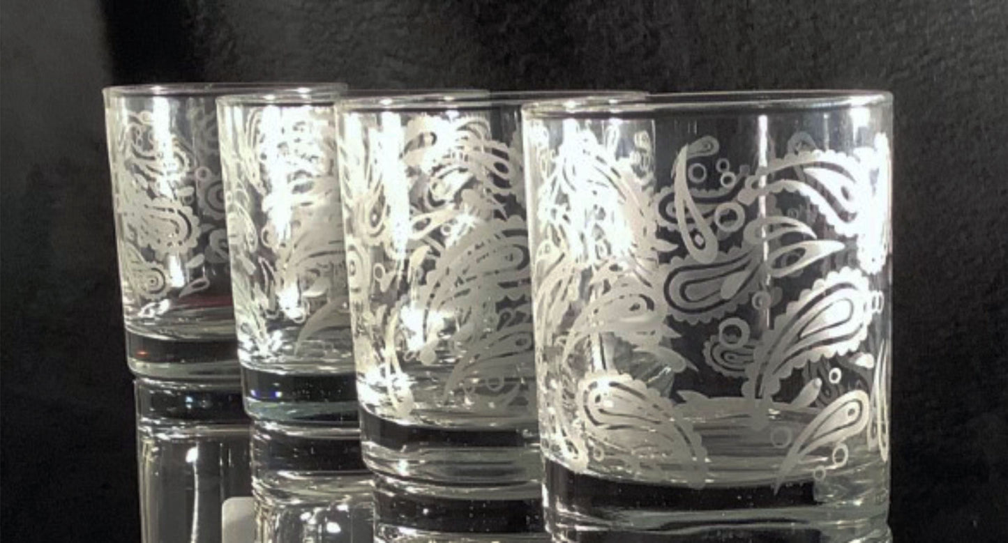 Sixties Whiskey Glasses Paisley engraved gift Hippie hand Etched Rocks Glasses Retro lover lowball 10 ounce housewarming gift set of 4.