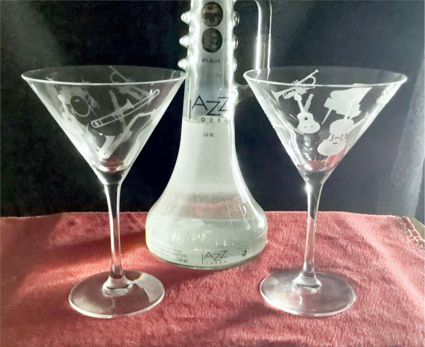 Music Lover Martini glasses Jazz Gift Set of 2 Cocktail Etched Glasses engraved Musical Instruments, Musician Housewarming Gift 10 ounce.