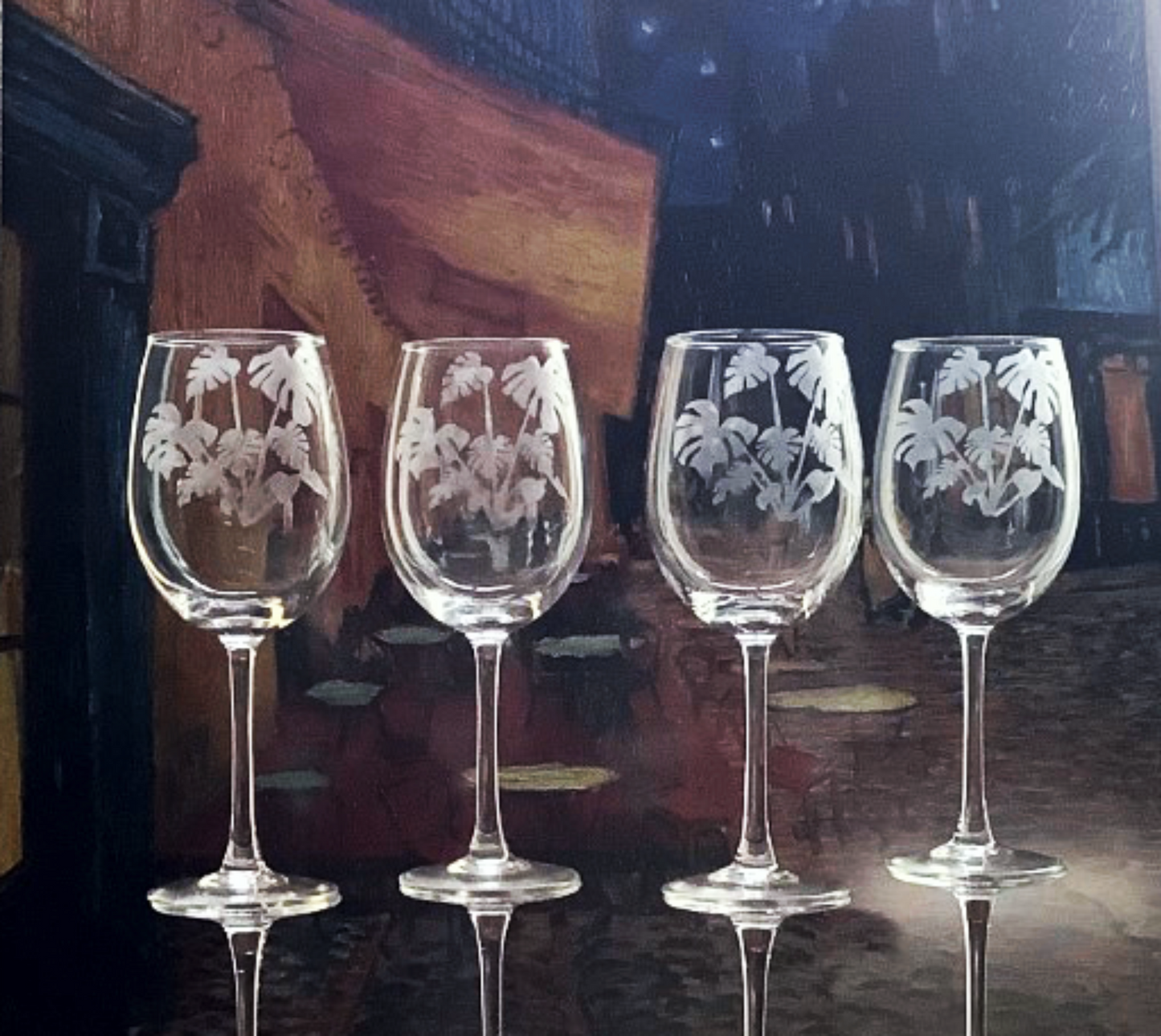 Monstera Plant Wine Glasses Etched Tropical Plant Retro Gift Set of 4 Etched Wine Glassware Table Decor Tropical Monstera Plant Lover Gift 16 oz.