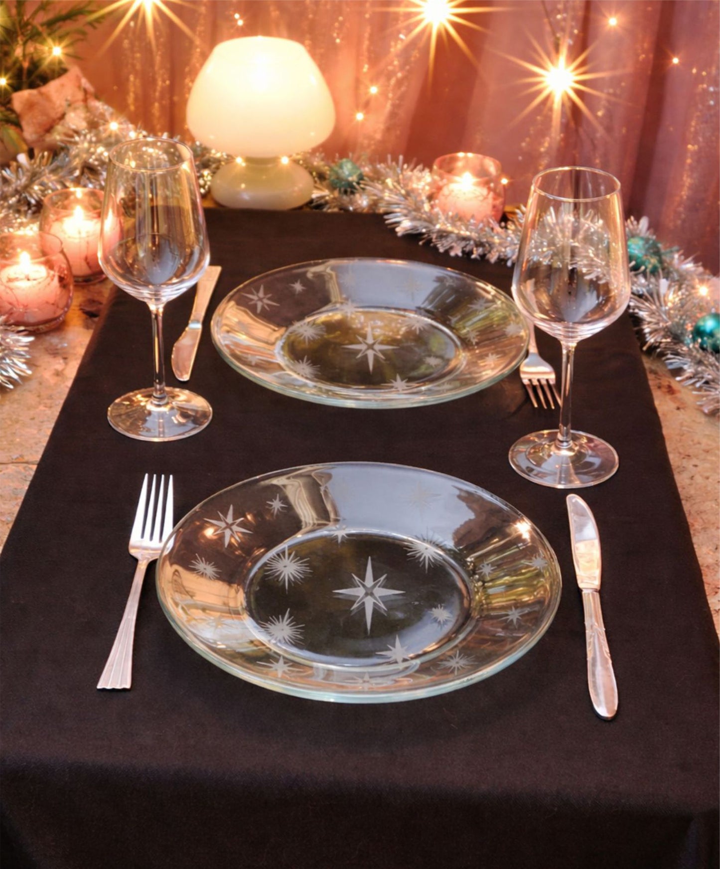Mid Century Modern Starburst Glass Plates Set of 2 – 10” Etched Retro Atomic Dinnerware – Vintage Atomic Era Kitchen Dinnerware Gift