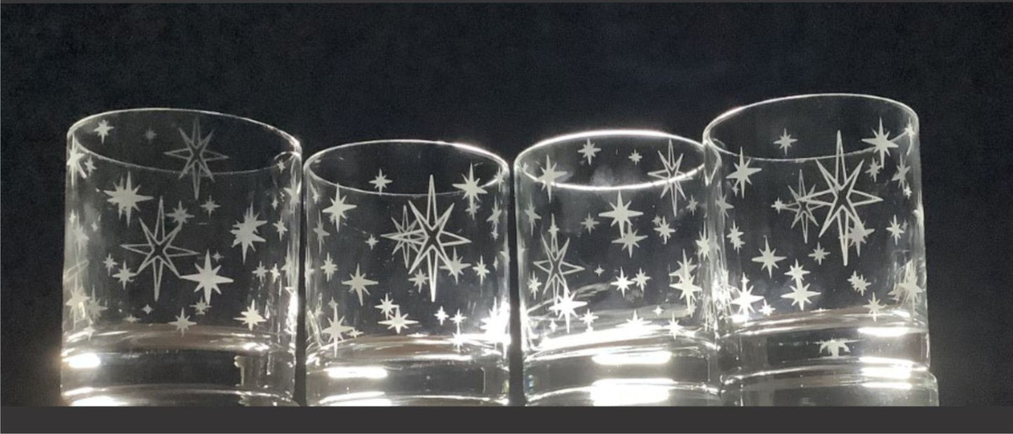 Retro starburst etched whiskey glasses set of 4 rocks mid century glassware etched retro glassware gift for bar or office whiskey lover gift