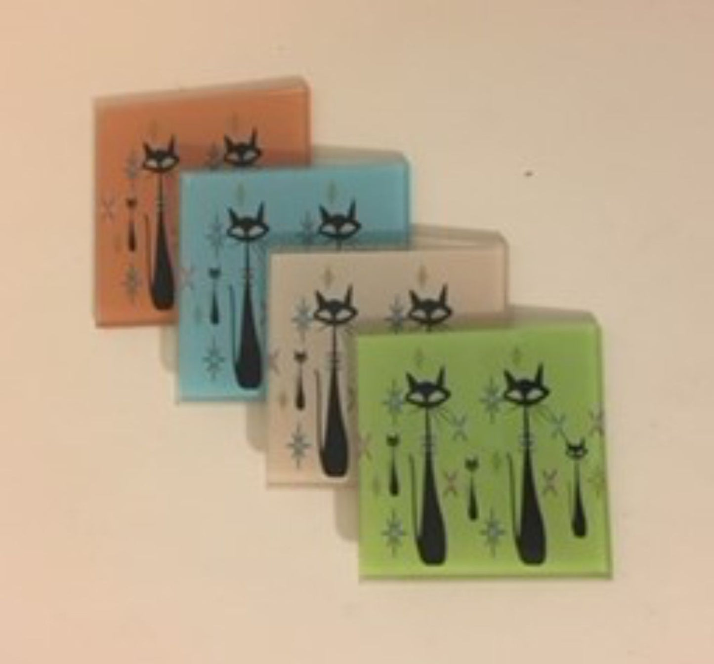 Retro Atomic Era Cat Glass Coasters – Set of 4 Vintage Vibrant Mid-Century Barware, Office & Housewarming Gift