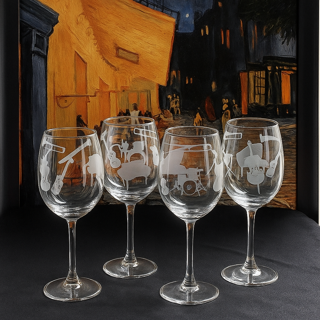 Etched Jazz Music Wine Glasses Set of 4 – 16oz Engraved Glassware Gift for Music Lovers & Musicians