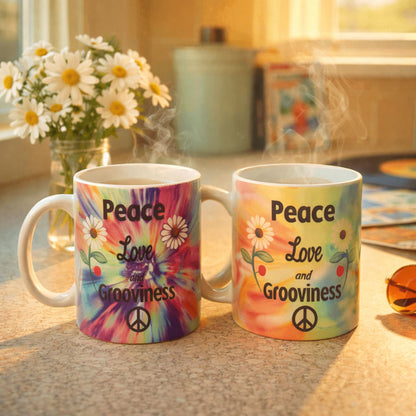 Personalized Tie Dye Hippie Coffee Mug Set of 2 – Peace Love Groovy Retro 60s Ceramic Mugs (11 oz)