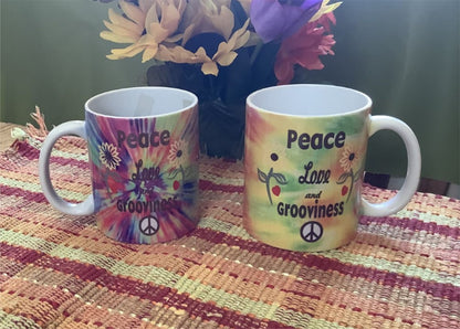 Personalized Tie Dye Hippie Coffee Mug Set of 2 – Peace Love Groovy Retro 60s Ceramic Mugs (11 oz)