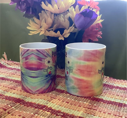 Personalized Tie Dye Hippie Coffee Mug Set of 2 – Peace Love Groovy Retro 60s Ceramic Mugs (11 oz)