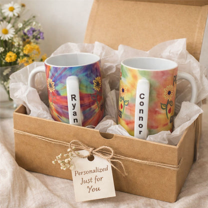 Personalized Tie Dye Hippie Coffee Mug Set of 2 – Peace Love Groovy Retro 60s Ceramic Mugs (11 oz)
