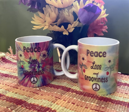 Personalized Tie Dye Hippie Coffee Mug Set of 2 – Peace Love Groovy Retro 60s Ceramic Mugs (11 oz)