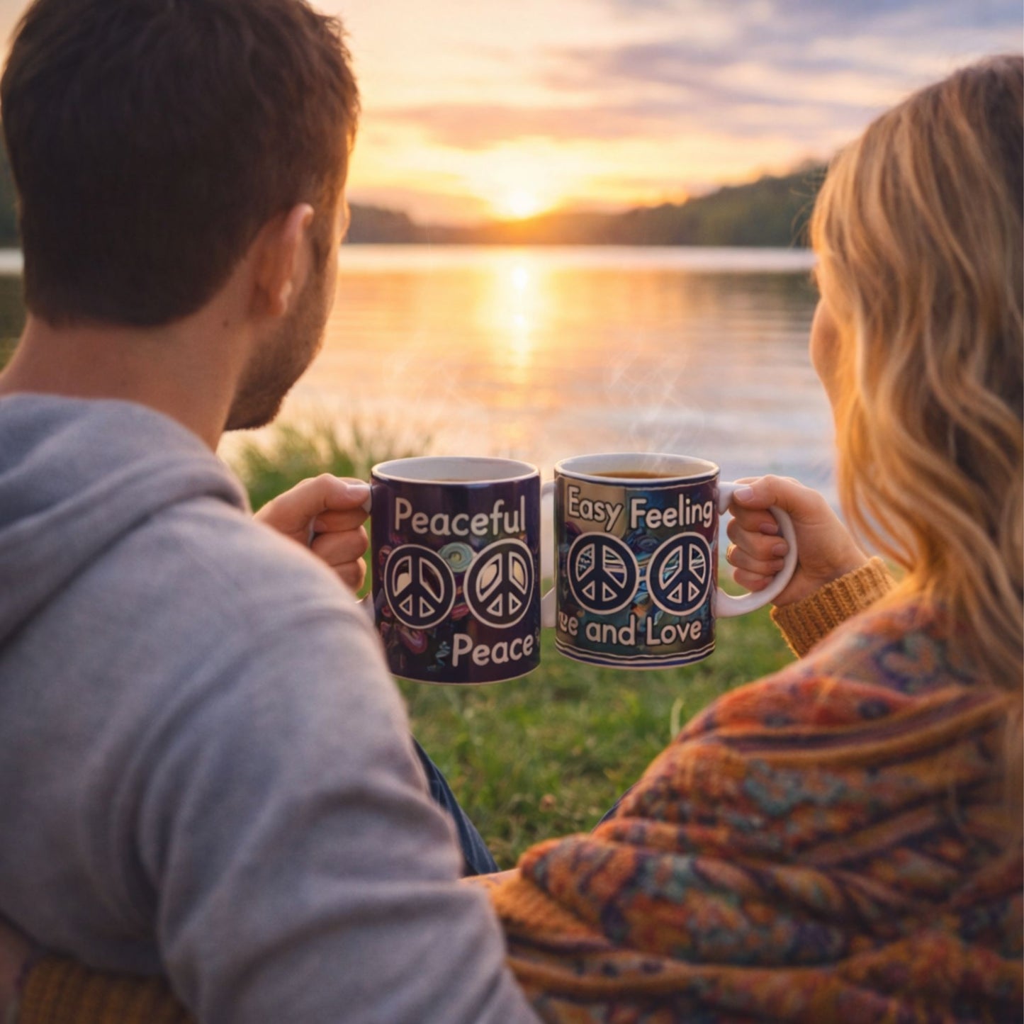 Peaceful Easy Feeling Coffee Mugs – Retro Peace Sign Boho Hippie 60s Gift Set