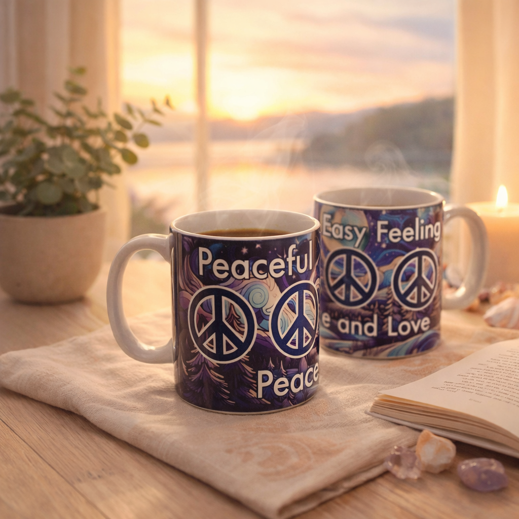 Peaceful Easy Feeling Coffee Mugs – Retro Peace Sign Boho Hippie 60s Gift Set