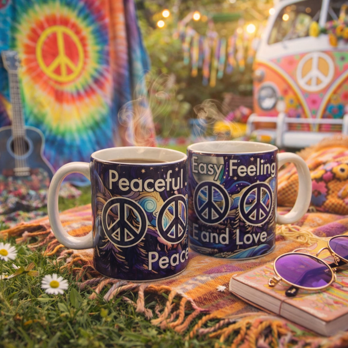 Peaceful Easy Feeling Coffee Mugs – Retro Peace Sign Boho Hippie 60s Gift Set