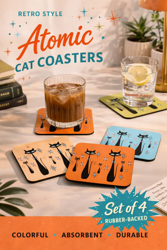 Atomic Era Coasters Set of 4 - Retro Cat Lover Gift - Caskal Recognition