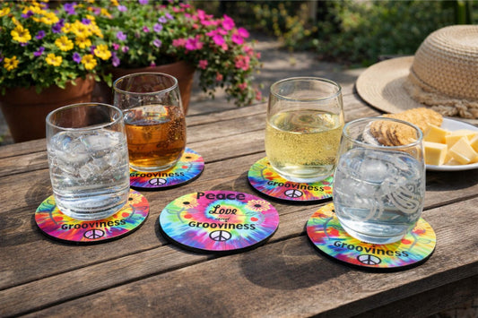 Sixties Peace Love & Grooviness Coasters – Set of 4 Retro Tie-Dye Drink Coasters
