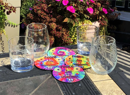 Sixties Peace Love & Grooviness Coasters – Set of 4 Retro Tie-Dye Drink Coasters