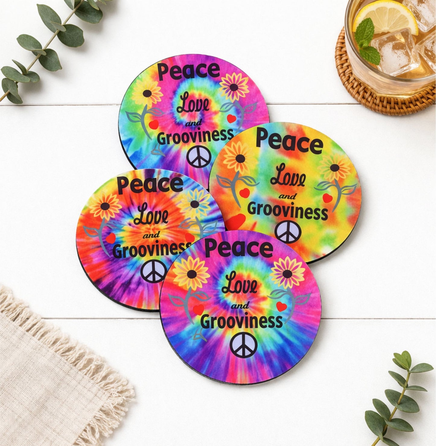 Sixties Peace Love & Grooviness Coasters – Set of 4 Retro Tie-Dye Drink Coasters