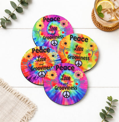 Sixties Peace Love & Grooviness Coasters – Set of 4 Retro Tie-Dye Drink Coasters
