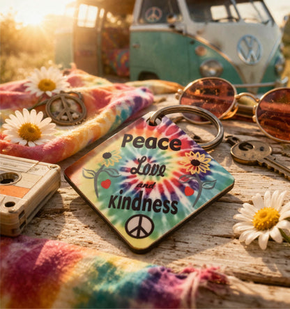 Peace Love Kindness Tie Dye Keychain – Retro Sixties Hippie Boho Key Ring Gift – Colorful Inspirational Accessory