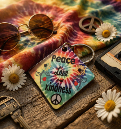 Peace Love Kindness Tie Dye Keychain – Retro Sixties Hippie Boho Key Ring Gift – Colorful Inspirational Accessory