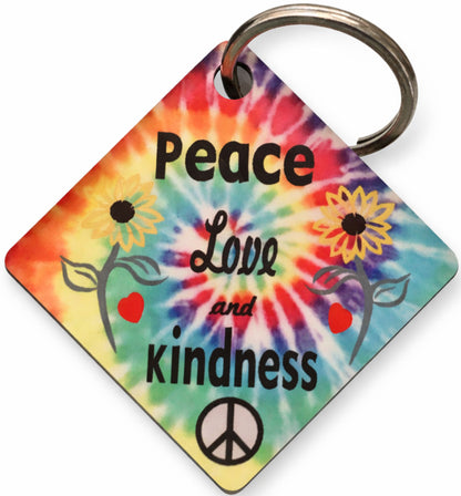 Peace Love Kindness Tie Dye Keychain – Retro Sixties Hippie Boho Key Ring Gift – Colorful Inspirational Accessory