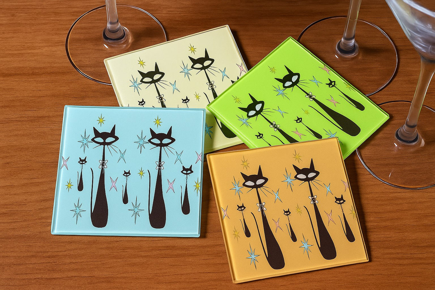 Retro Atomic Era Cat Glass Coasters – Set of 4 Vintage Vibrant Mid-Century Barware, Office & Housewarming Gift