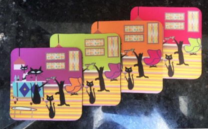 Atomic Cat Retro Coaster Set – 4 Vibrant Mid-Century Square Bar Scene Coasters