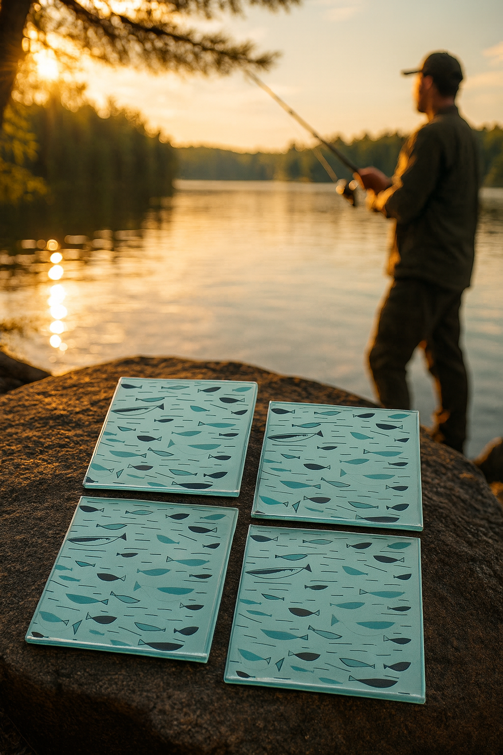 Retro Atomic Fish Glass Coasters – Mid Century Modern Vintage Barware Set of 4 | MCM Home & Office Gift