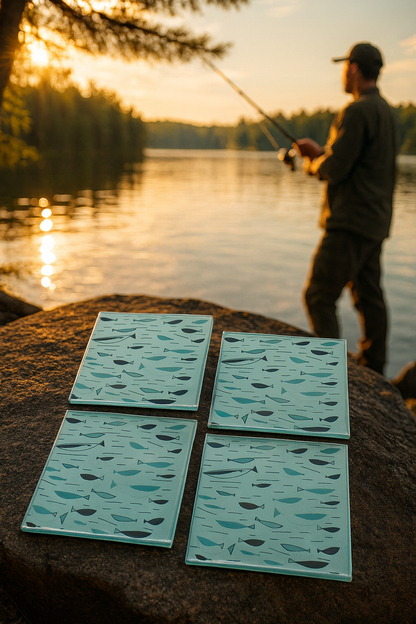 Retro Atomic Fish Glass Coasters – Mid Century Modern Vintage Barware Set of 4 | MCM Home & Office Gift