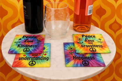 Hippie 60s Peace Love Psychedelic Glass Coasters – Groovy Retro Free Spirit Gift Set of 4