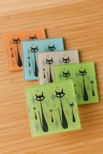 Retro Atomic Era Cat Glass Coasters – Set of 4 Vintage Vibrant Mid-Century Barware, Office & Housewarming Gift
