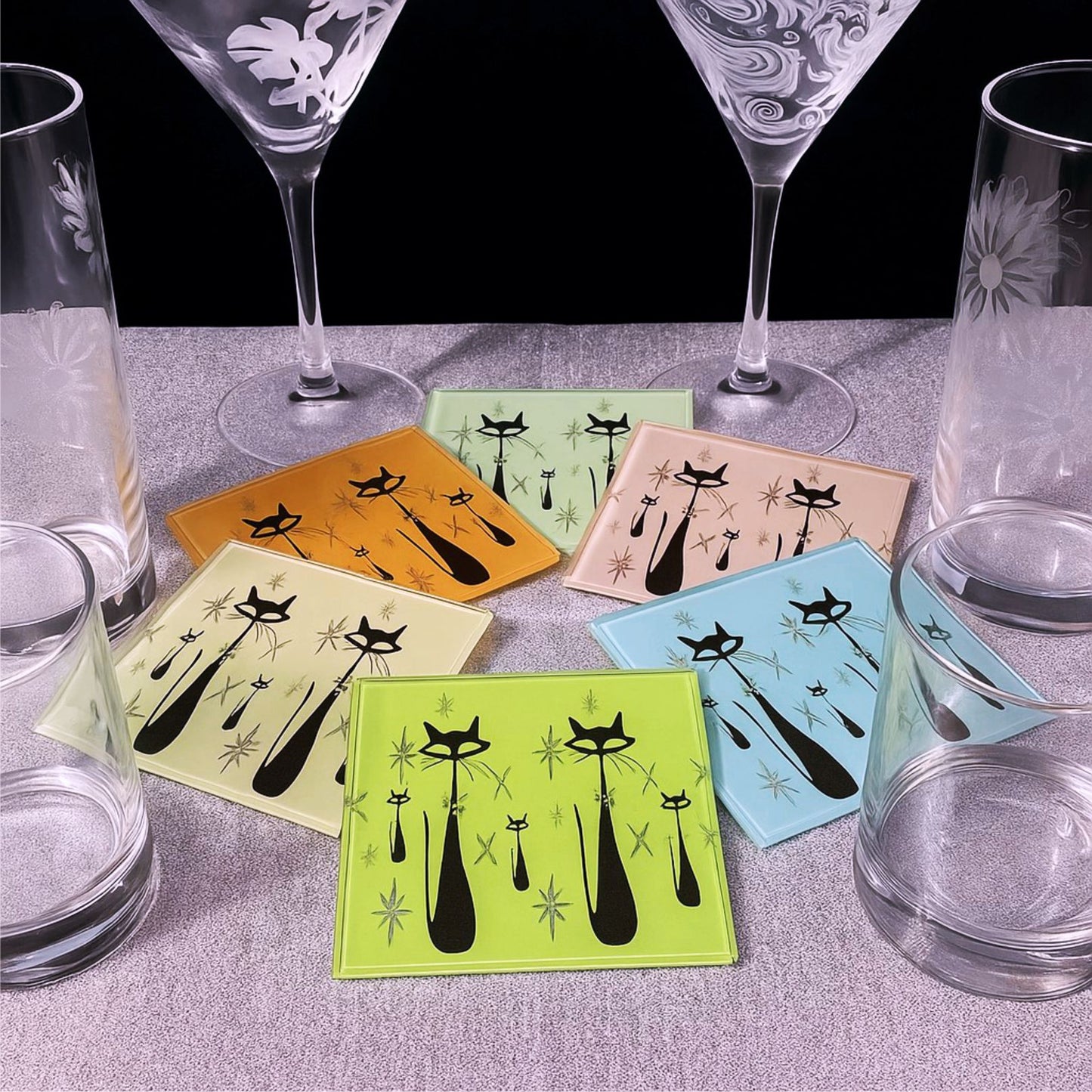 Atomic Cats Square Glass Coasters - Set of 6 Sixites style decor - Retro housewarming gift - MCM bar design