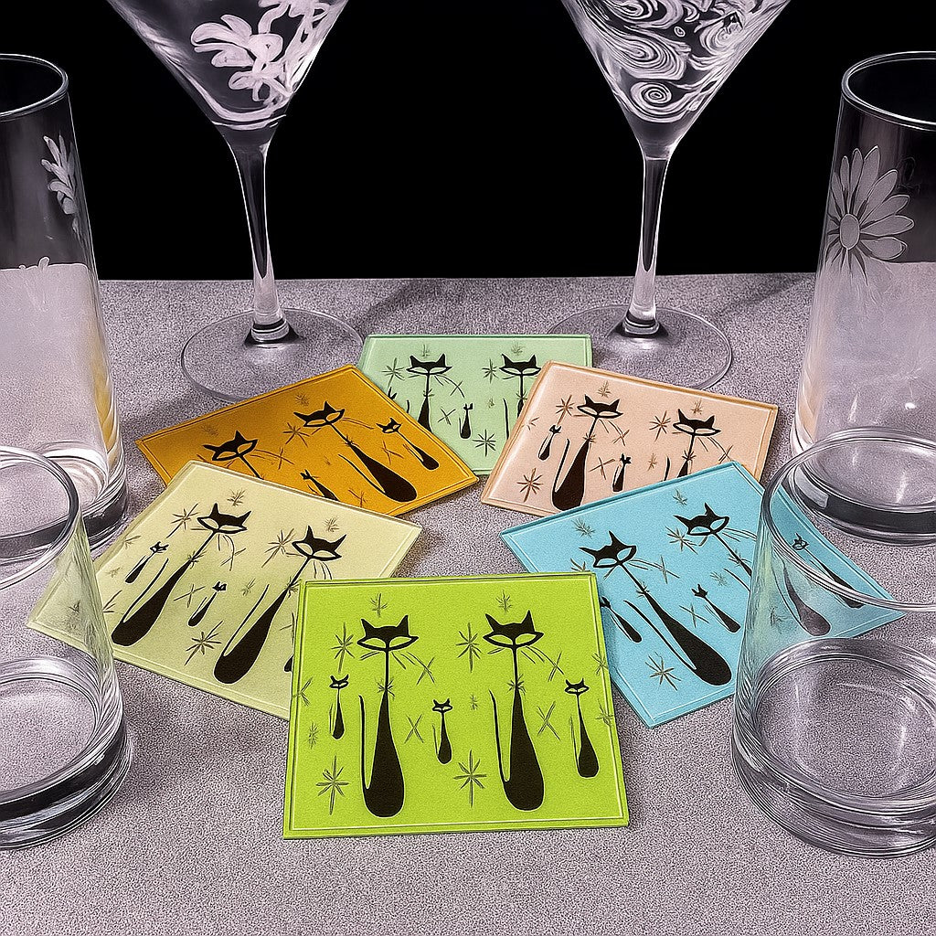 Atomic Cats Square Glass Coasters - Set of 6 Sixites style decor - Retro housewarming gift - MCM bar design