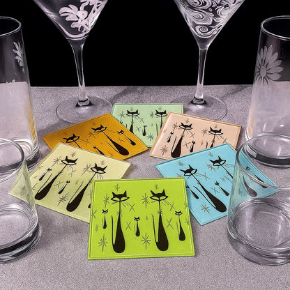Atomic Cats Square Glass Coasters - Set of 6 Sixites style decor - Retro housewarming gift - MCM bar design
