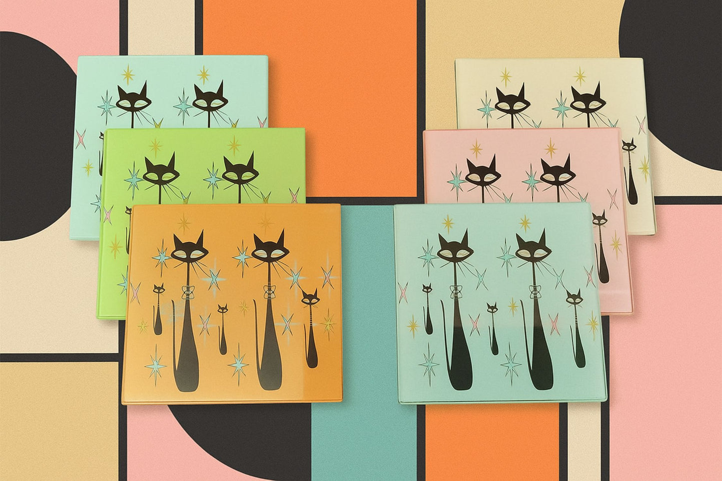 Atomic Cats Square Glass Coasters - Set of 6 Sixites style decor - Retro housewarming gift - MCM bar design