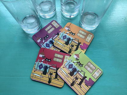 Atomic Cat Retro Coaster Set – 4 Vibrant Mid-Century Square Bar Scene Coasters