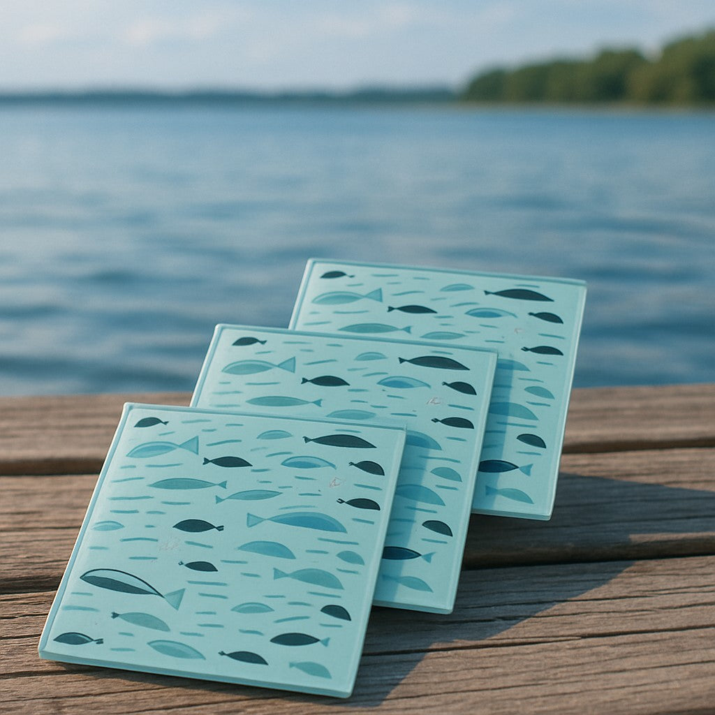 Retro Atomic Fish Glass Coasters – Mid Century Modern Vintage Barware Set of 4 | MCM Home & Office Gift