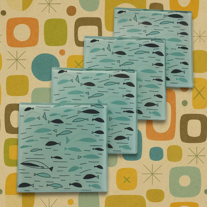Retro Atomic Fish Glass Coasters – Mid Century Modern Vintage Barware Set of 4 | MCM Home & Office Gift
