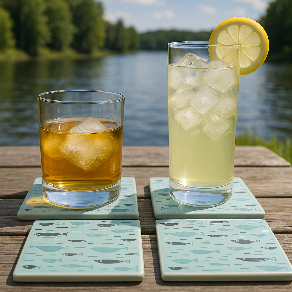 Retro Atomic Fish Glass Coasters – Mid Century Modern Vintage Barware Set of 4 | MCM Home & Office Gift